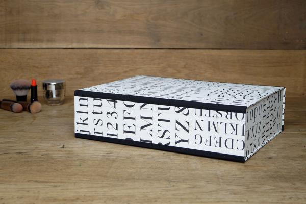 Solid box made of sturdy cardboard with letters, letters, ABC, black, white, black linen edges,